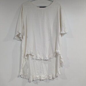 Creation Linen Blend High Low Top with Ruffle Trim White Size XXL